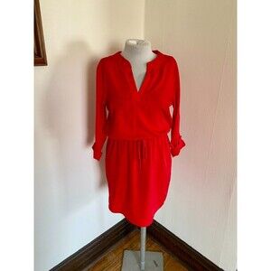 Peppermint Sheath Belt 3/4 Shirt Dress Red v Neck Classic Gathered Waist Tie